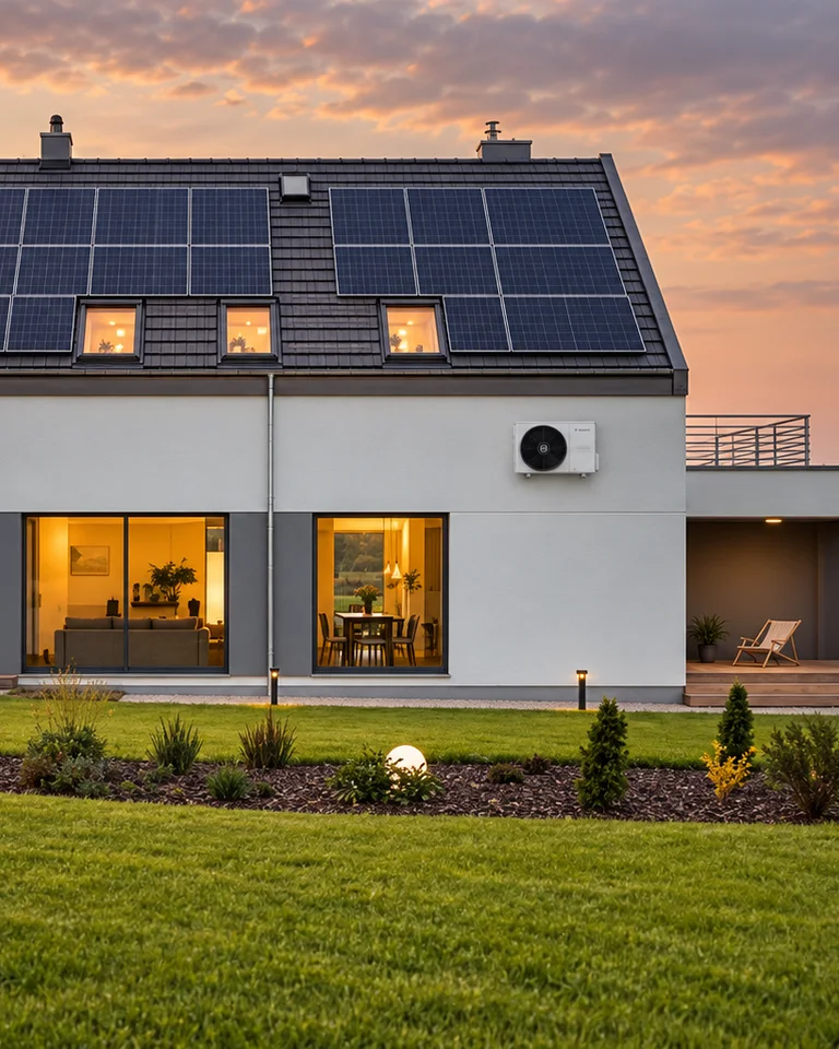 Wohnhaus mit Photovoltaik auf dem Dach und kleinem Klima-Außengerät