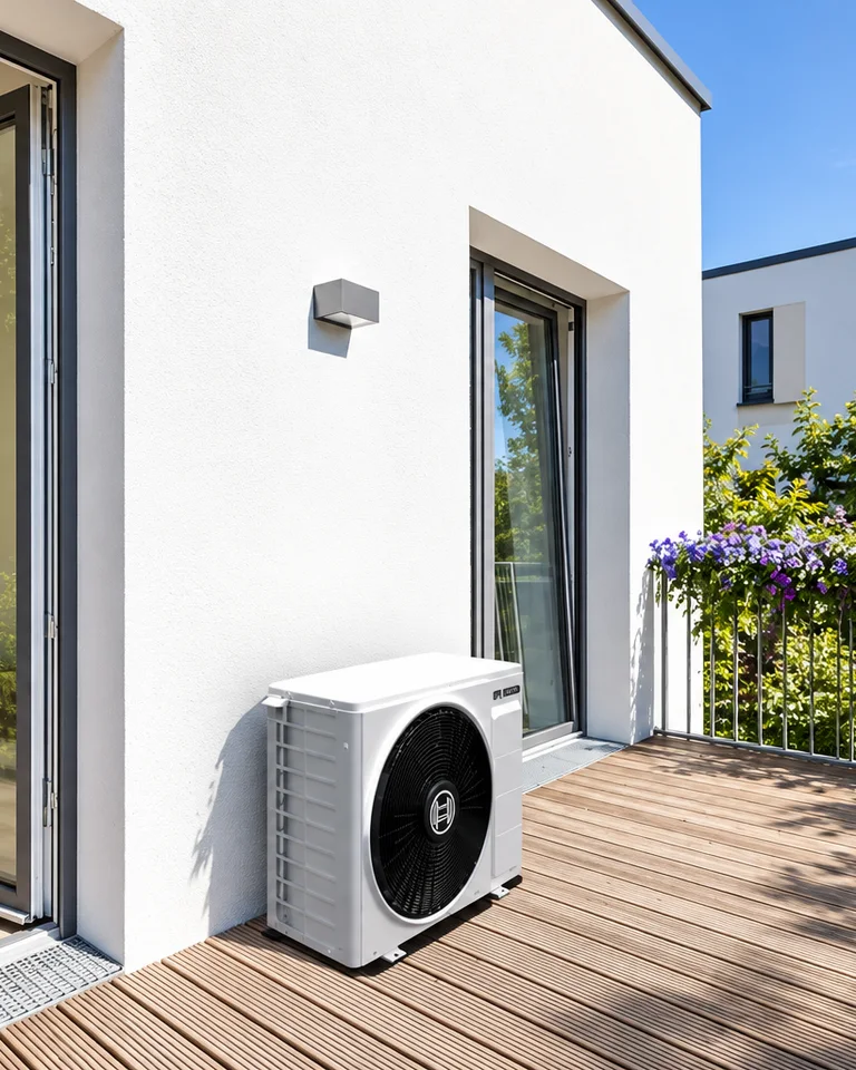 Klima-Außengerät auf einer Terrasse neben einem Wohnhaus