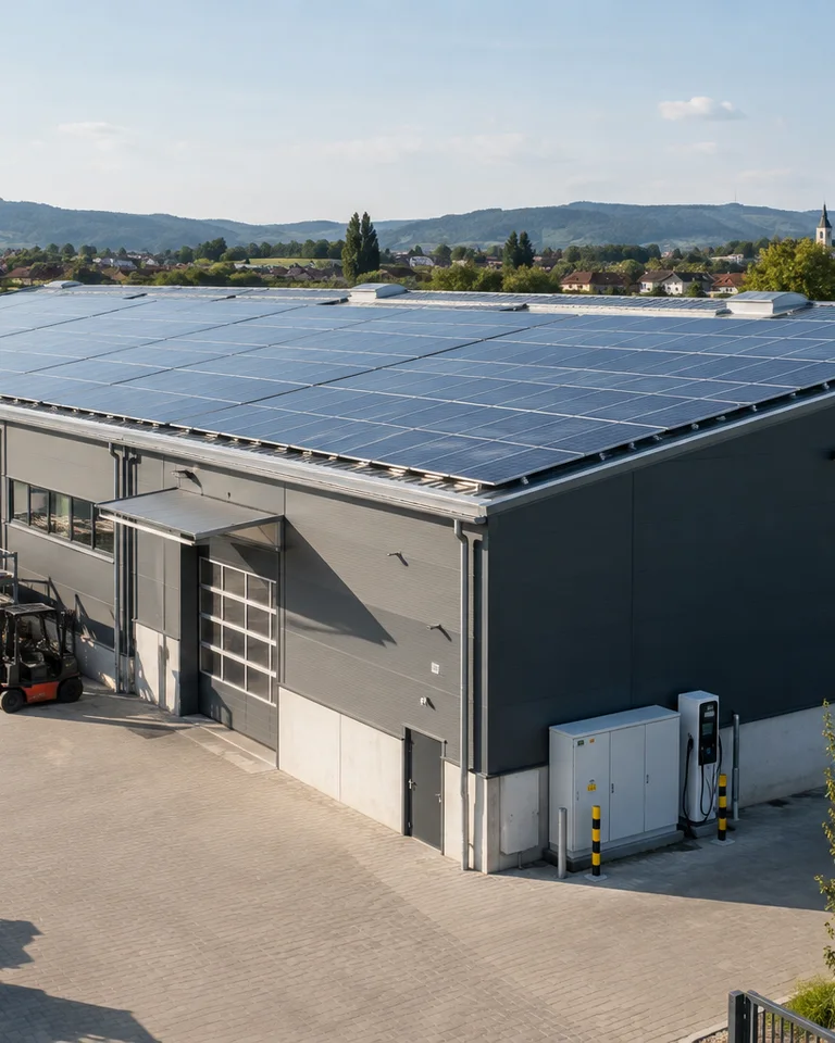 Photovoltaikanlage auf dem Dach eines Gewerbegebäudes