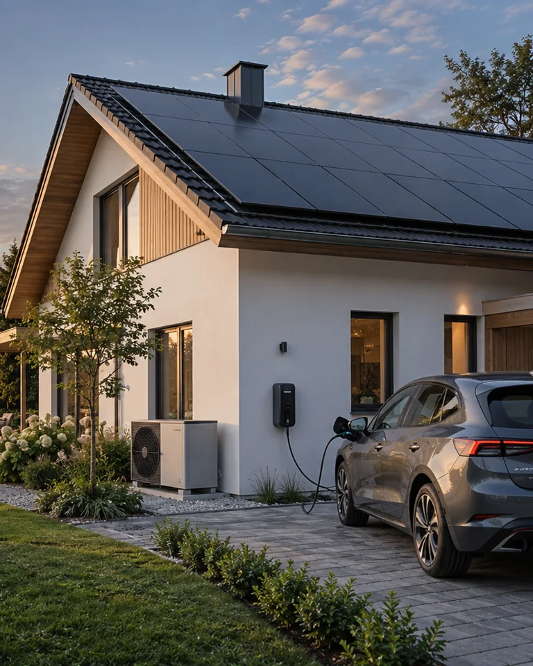 Illustratives Wohnhaus mit Photovoltaik, Wärmepumpe und Elektroauto an einer Wallbox