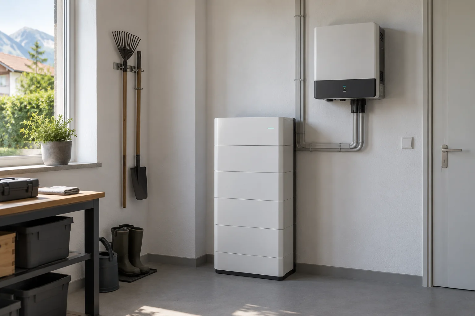 Illustratives Motiv: modularer Heimspeicher mit Wechselrichter und geschlossener Kabelführung in einem Technikraum