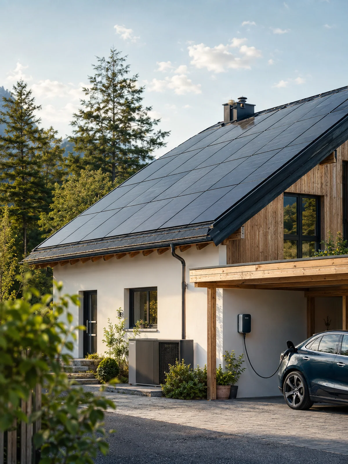 Modernes Haus mit Photovoltaik, Wärmepumpe und Wallbox in den bayerischen Voralpen