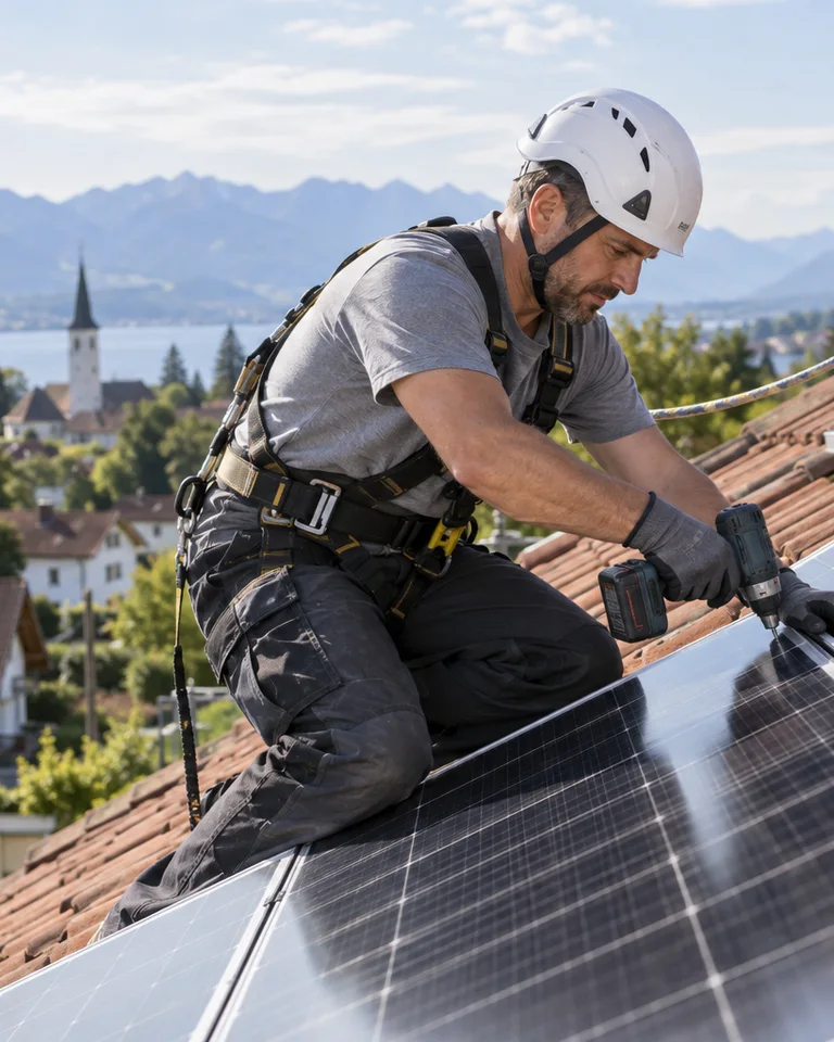 Symbolbild: Fachkraft montiert Photovoltaikmodule auf einem Dach
