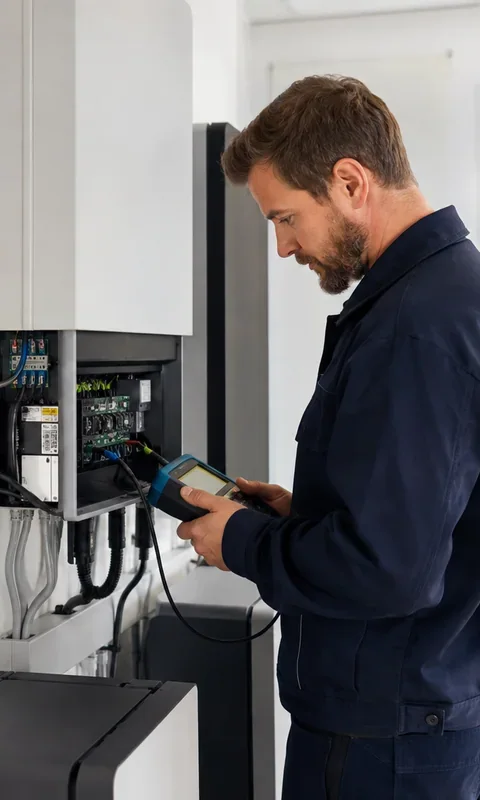 Techniker prüft die elektrischen Komponenten einer Energieanlage mit einem Messgerät