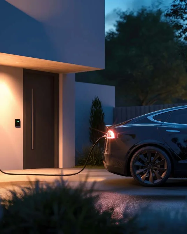 Elektroauto und Wallbox an einem Gebäude bei Dämmerung